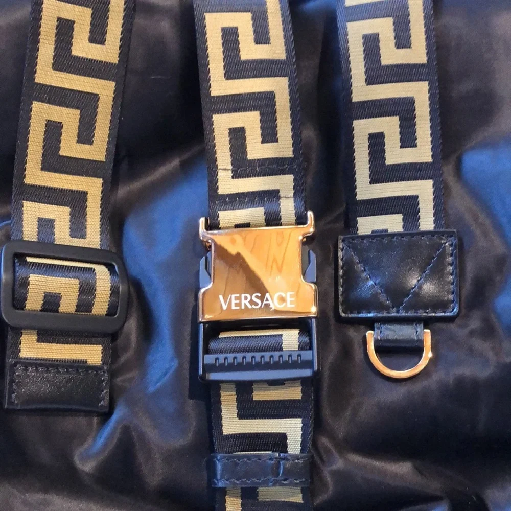 Versace like new black Greca travel bag gold accents nylon magnet close 17x14x7